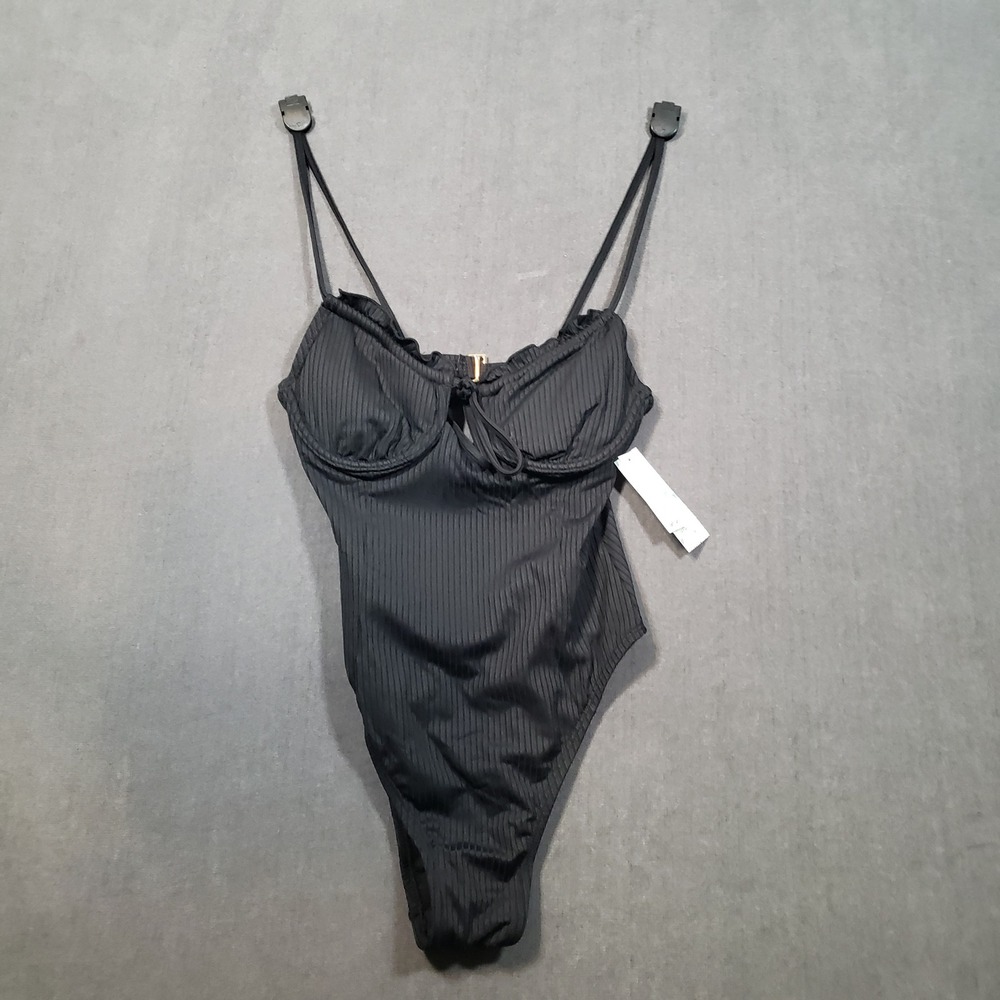 Celebrity Pink One Piece Swimsuit Womens Small Black Ribbed Underwire Ruffle New